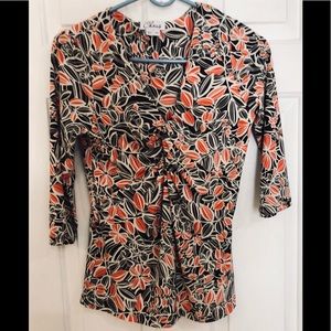 CHAUS V-Neck Red And Black Floral Top Size Petite Small